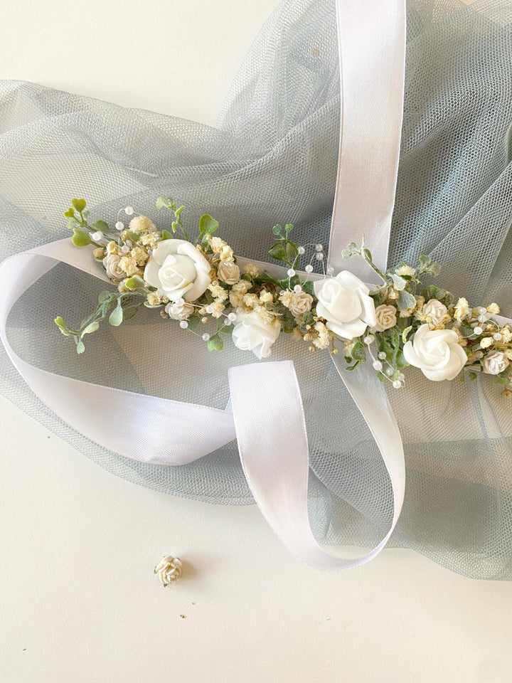 White Floral Belt: First Holy Communion Accessory – handmade floral hair accessory by magaela