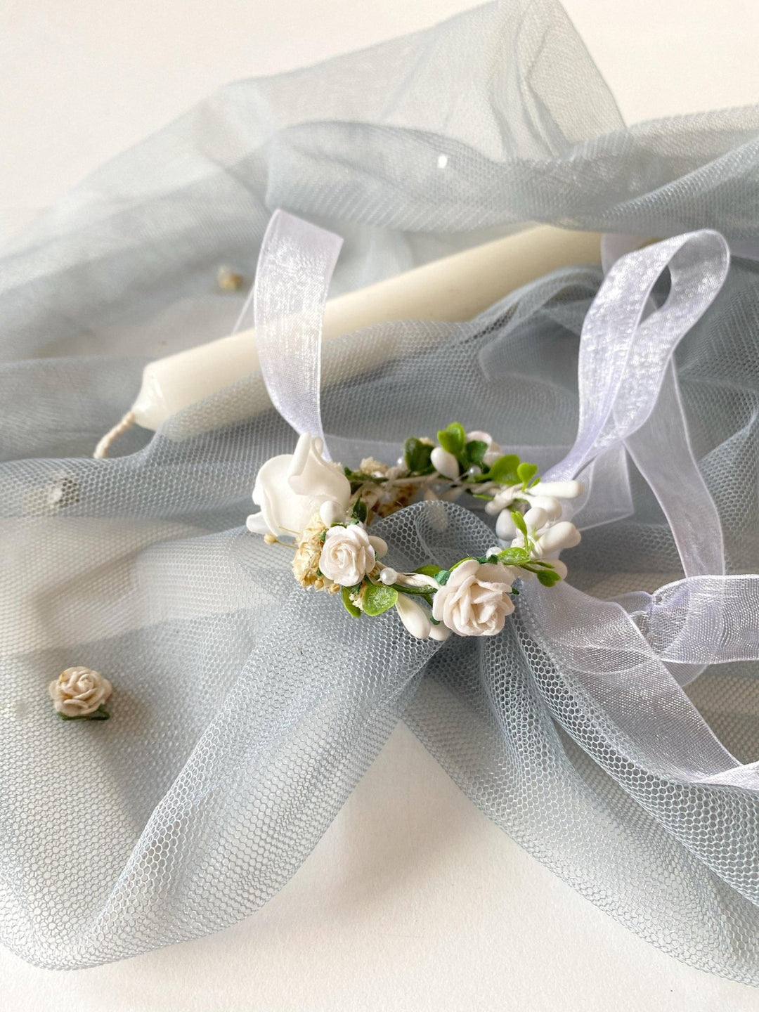 Handmade Floral Candle Wreath: First Holy Communion Decoration – handmade floral hair accessory by magaela