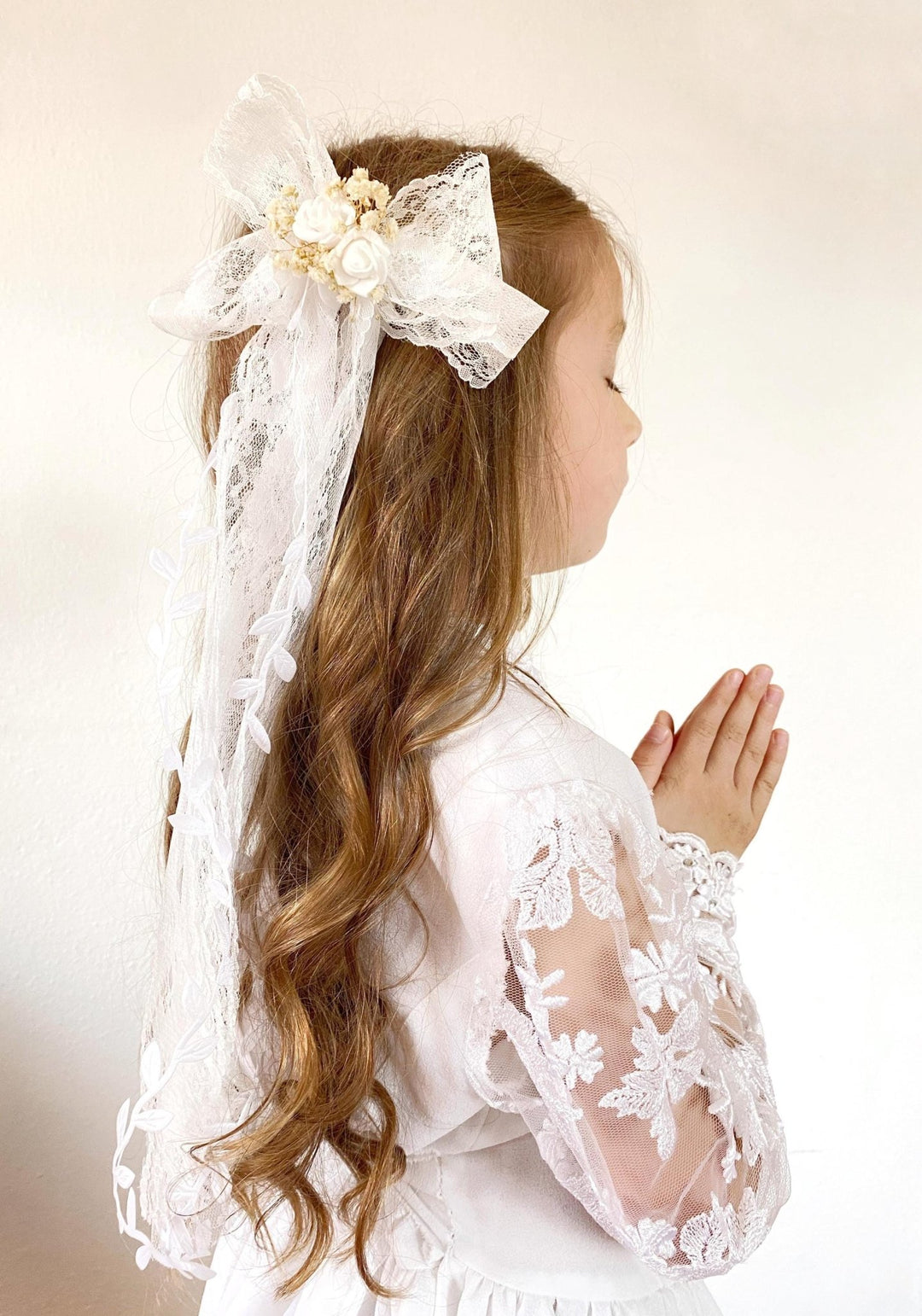 First Communion Lace Hair Bow: White Flower Girl Clip – handmade floral hair accessory by magaela