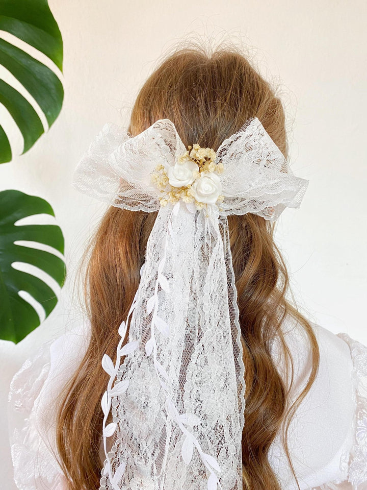 First Communion Lace Hair Bow: White Flower Girl Clip – handmade floral hair accessory by magaela