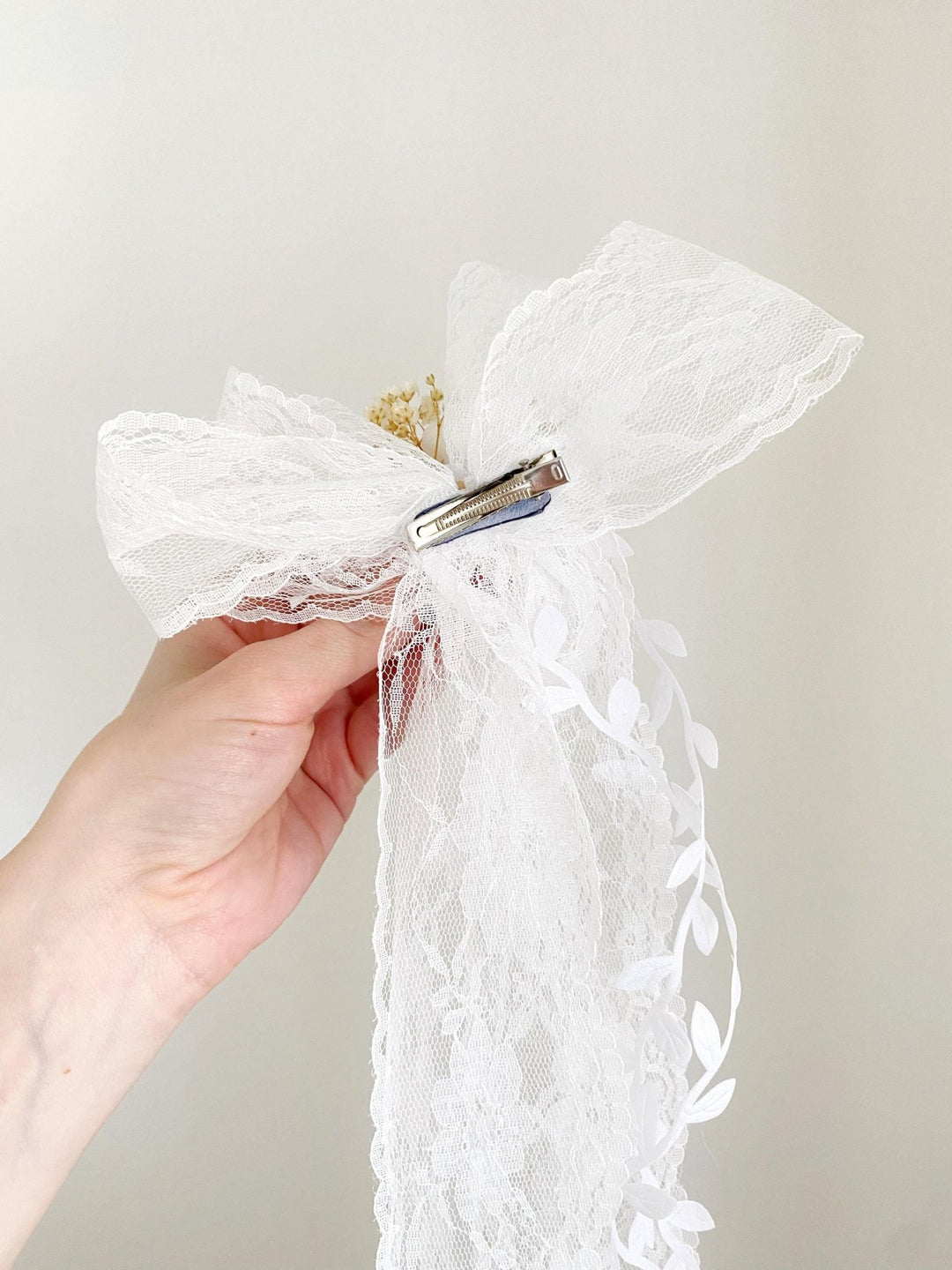 First Communion Lace Hair Bow: White Flower Girl Clip – handmade floral hair accessory by magaela