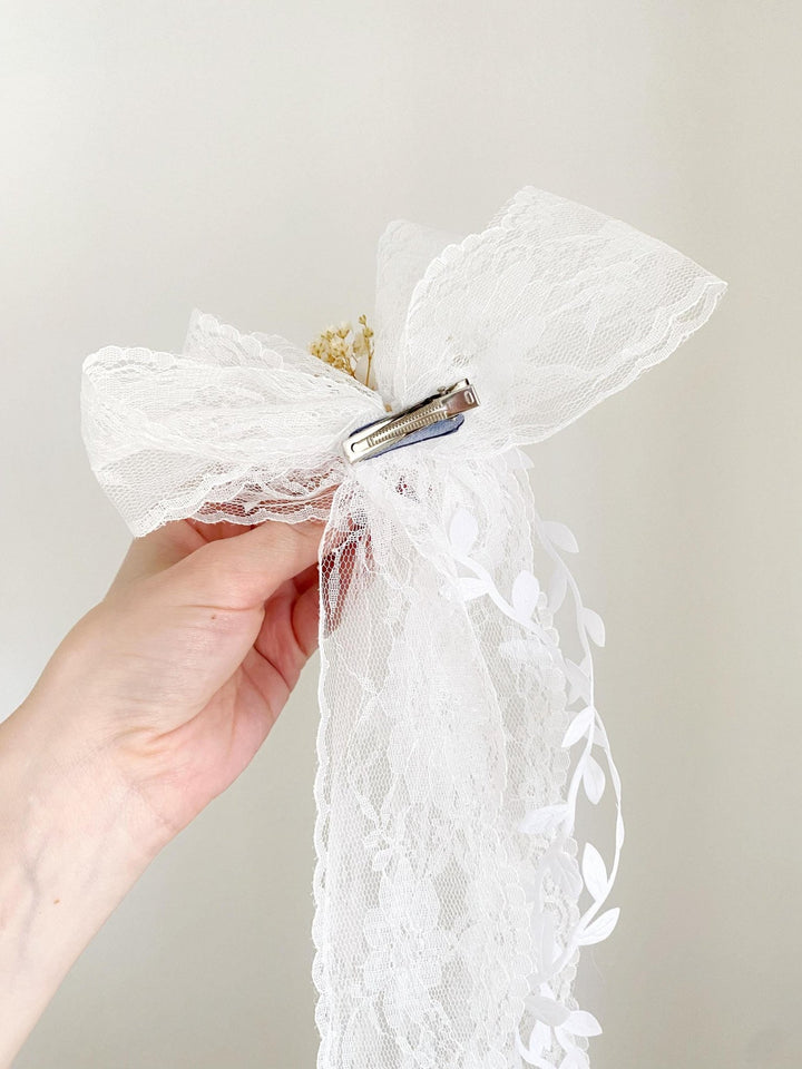 First Communion Lace Hair Bow: White Flower Girl Clip – handmade floral hair accessory by magaela