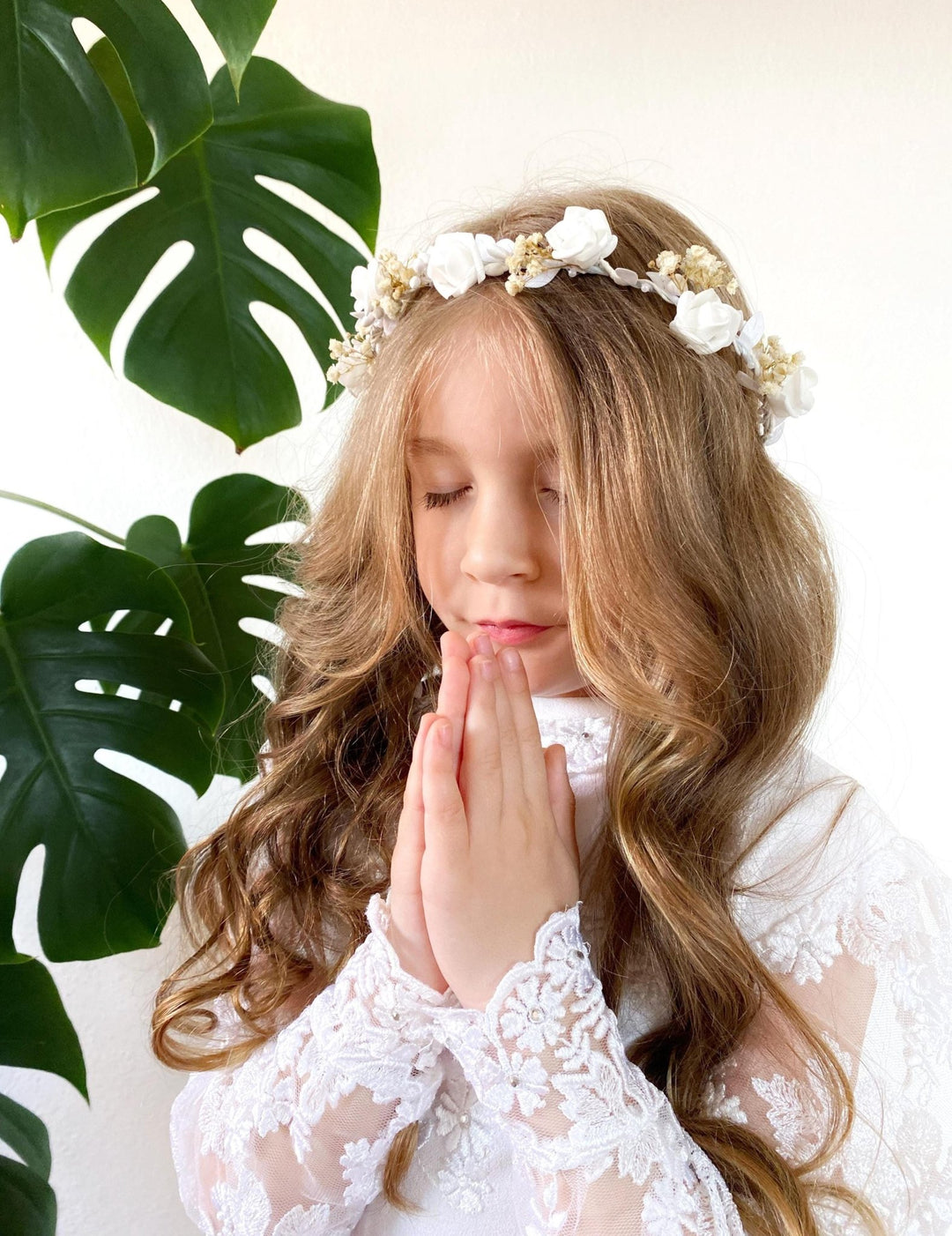 Flower Communion Crown with Veil: White Floral Wreath – handmade floral hair accessory by magaela