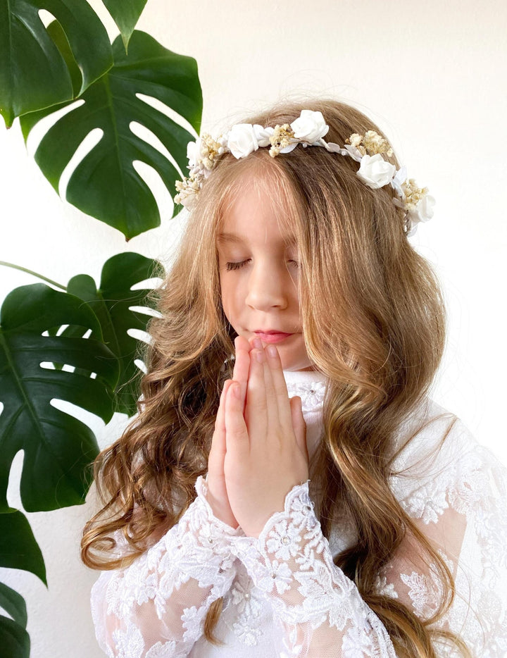 Flower Communion Crown with Veil: White Floral Wreath – handmade floral hair accessory by magaela