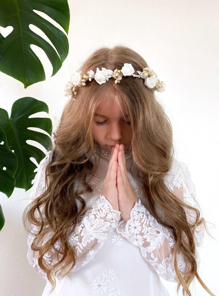 Flower Communion Crown with Veil: White Floral Wreath – handmade floral hair accessory by magaela