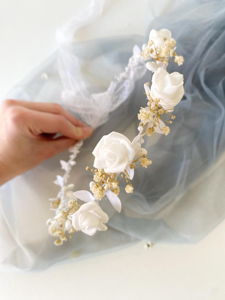 White Flower Girl Crown: First Communion Wreath, Bridesmaid Headpiece – handmade floral hair accessory by magaela