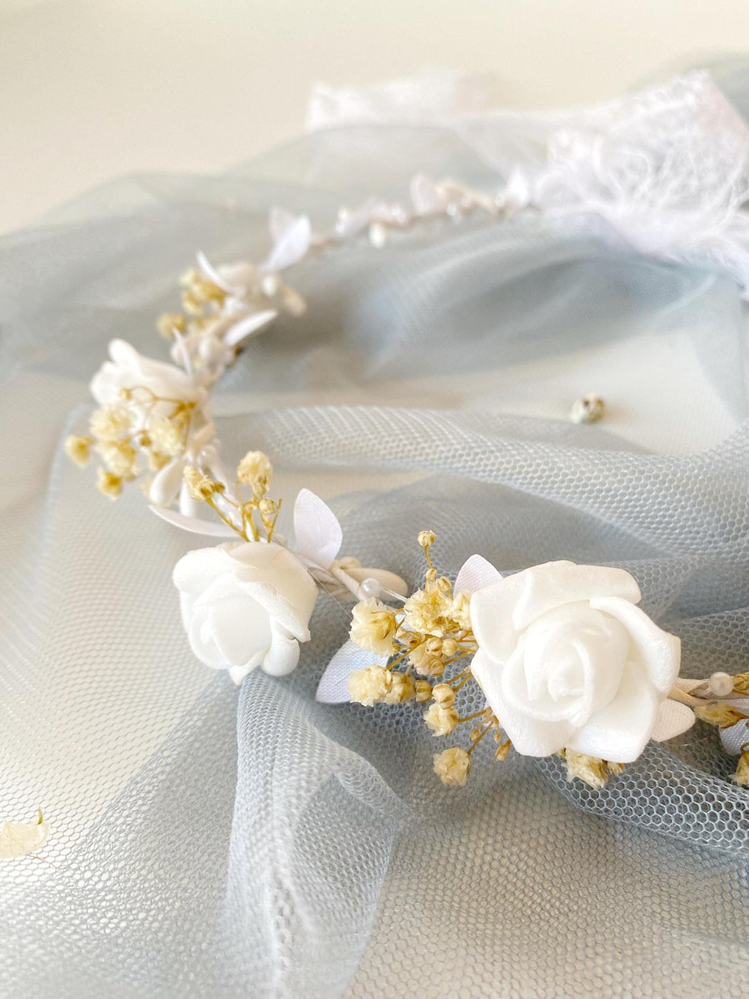 White Flower Girl Crown: First Communion Wreath, Bridesmaid Headpiece – handmade floral hair accessory by magaela
