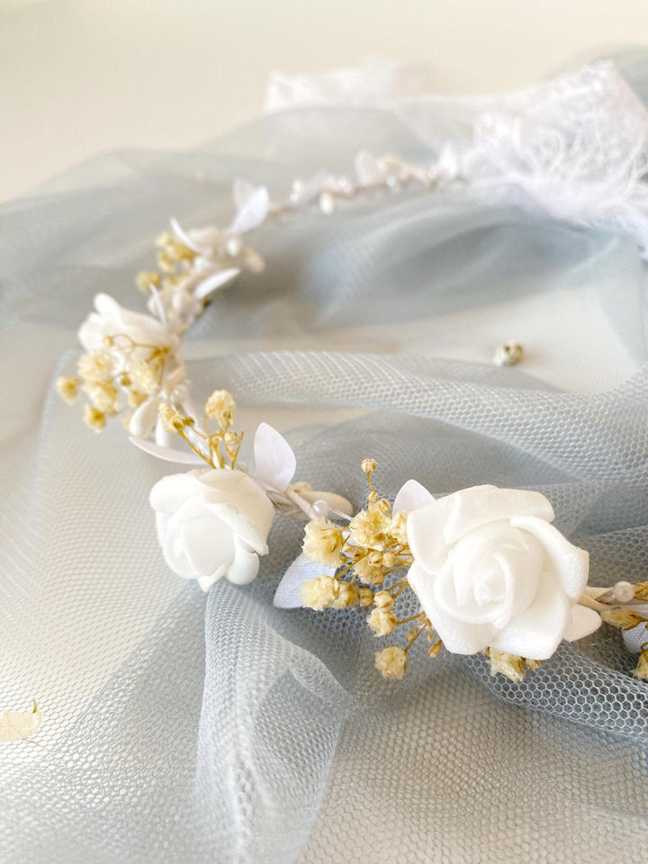 White Flower Girl Crown: First Communion Wreath, Bridesmaid Headpiece – handmade floral hair accessory by magaela