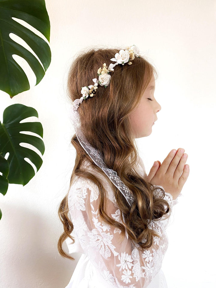 White Rose Flower Crown: First Communion Headpiece – handmade floral hair accessory by magaela