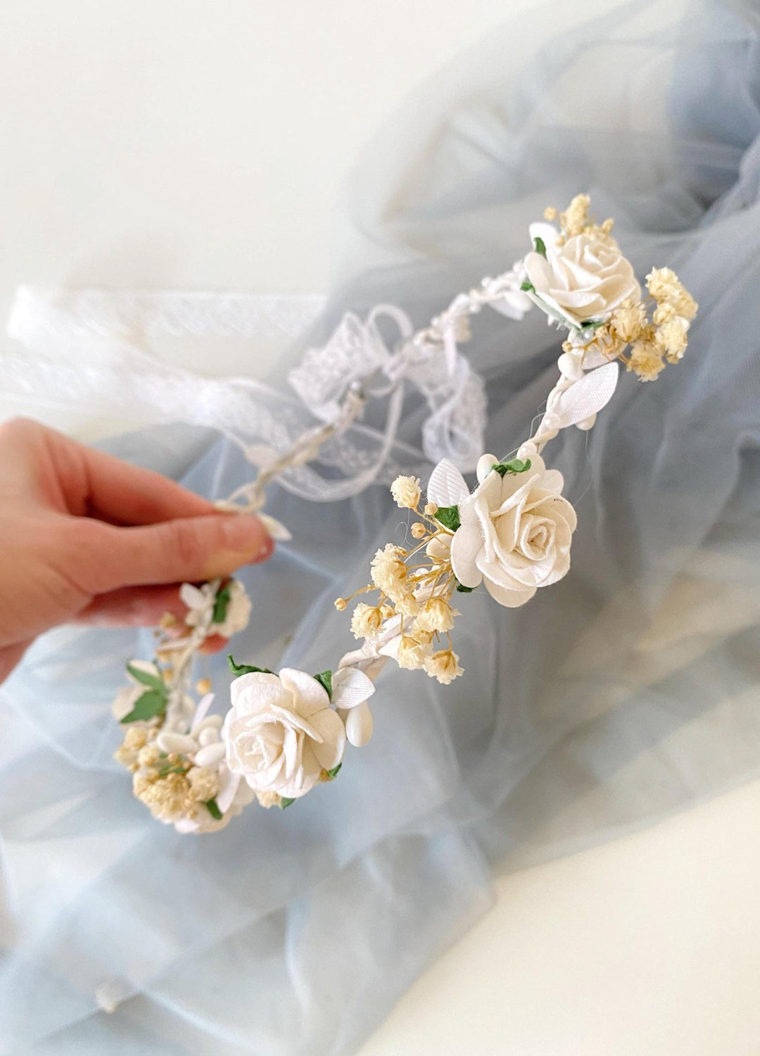 White Rose Flower Crown: First Communion Headpiece – handmade floral hair accessory by magaela