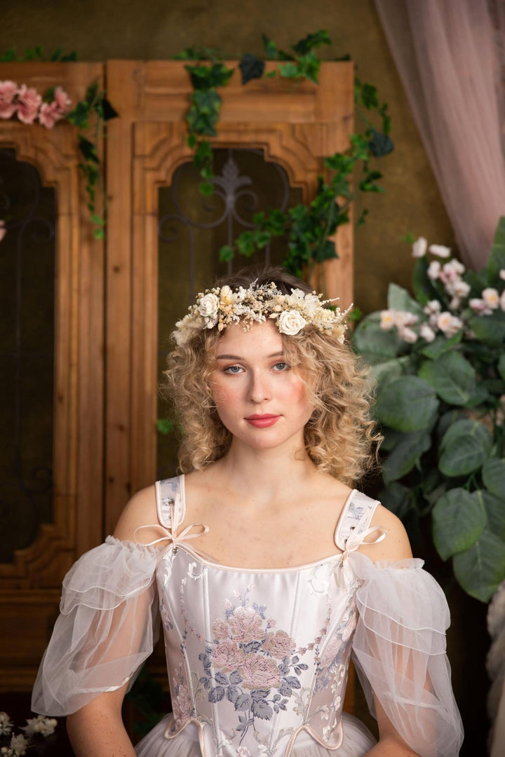 Boho Floral Hair Crown: Cream Wedding Hairpiece with Hairpins – handmade floral hair accessory by magaela