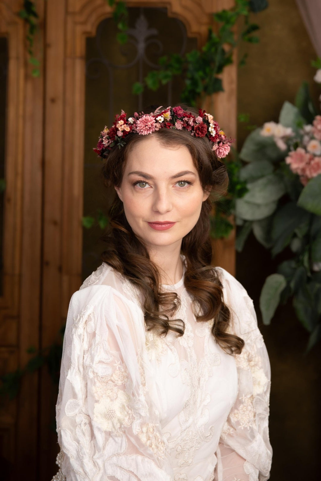 Burgundy Pink Flower Half Wreath: Boho Wedding Crown – handmade floral hair accessory by magaela