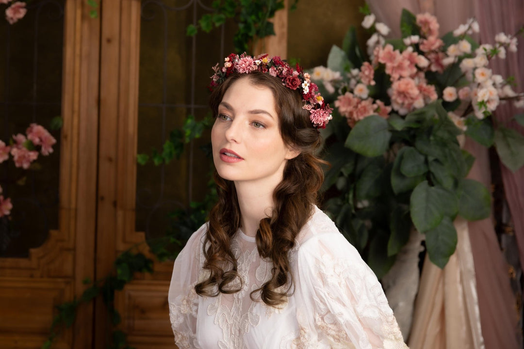Burgundy Pink Flower Half Wreath: Boho Wedding Crown – handmade floral hair accessory by magaela