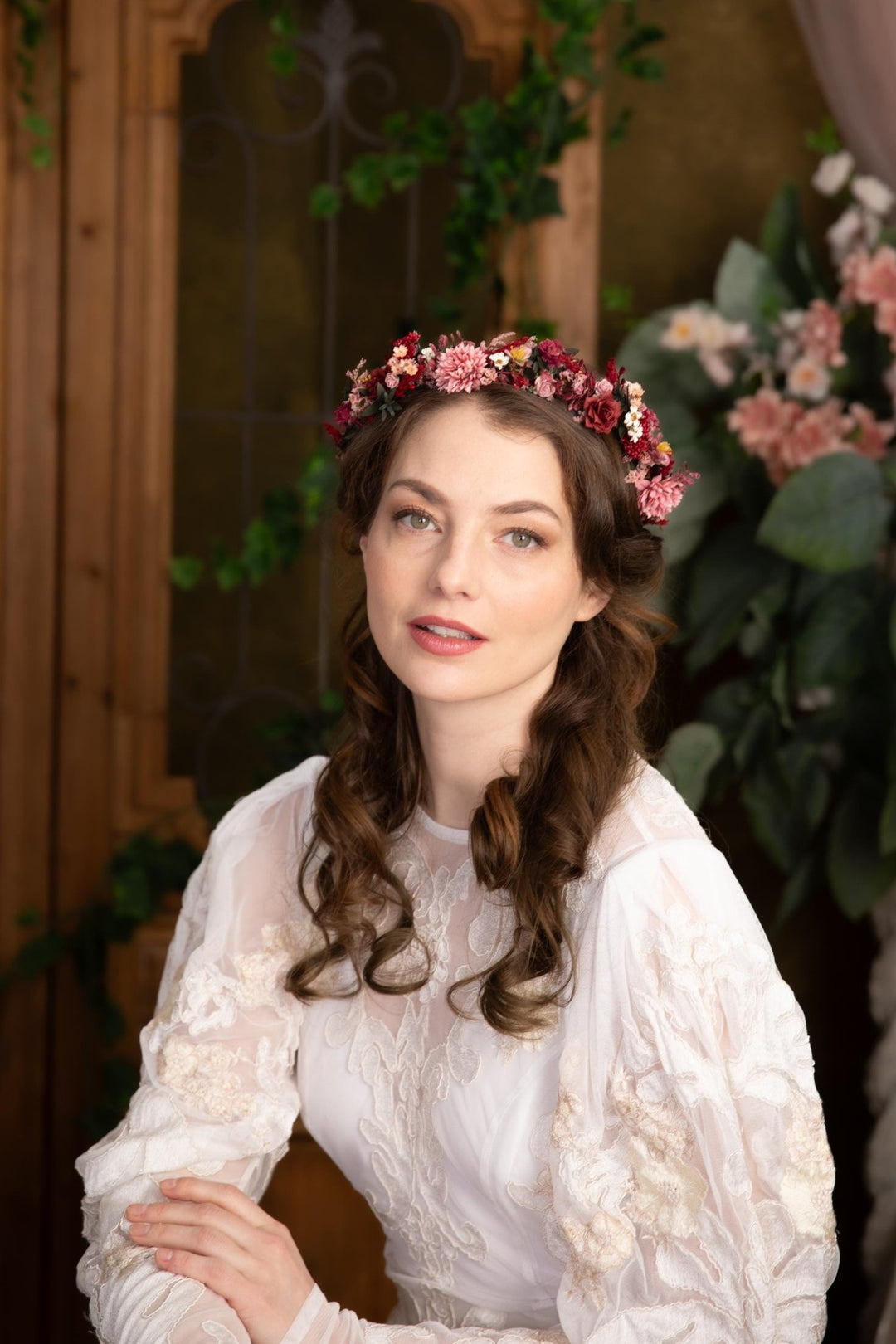 Burgundy Pink Flower Half Wreath: Boho Wedding Crown – handmade floral hair accessory by magaela