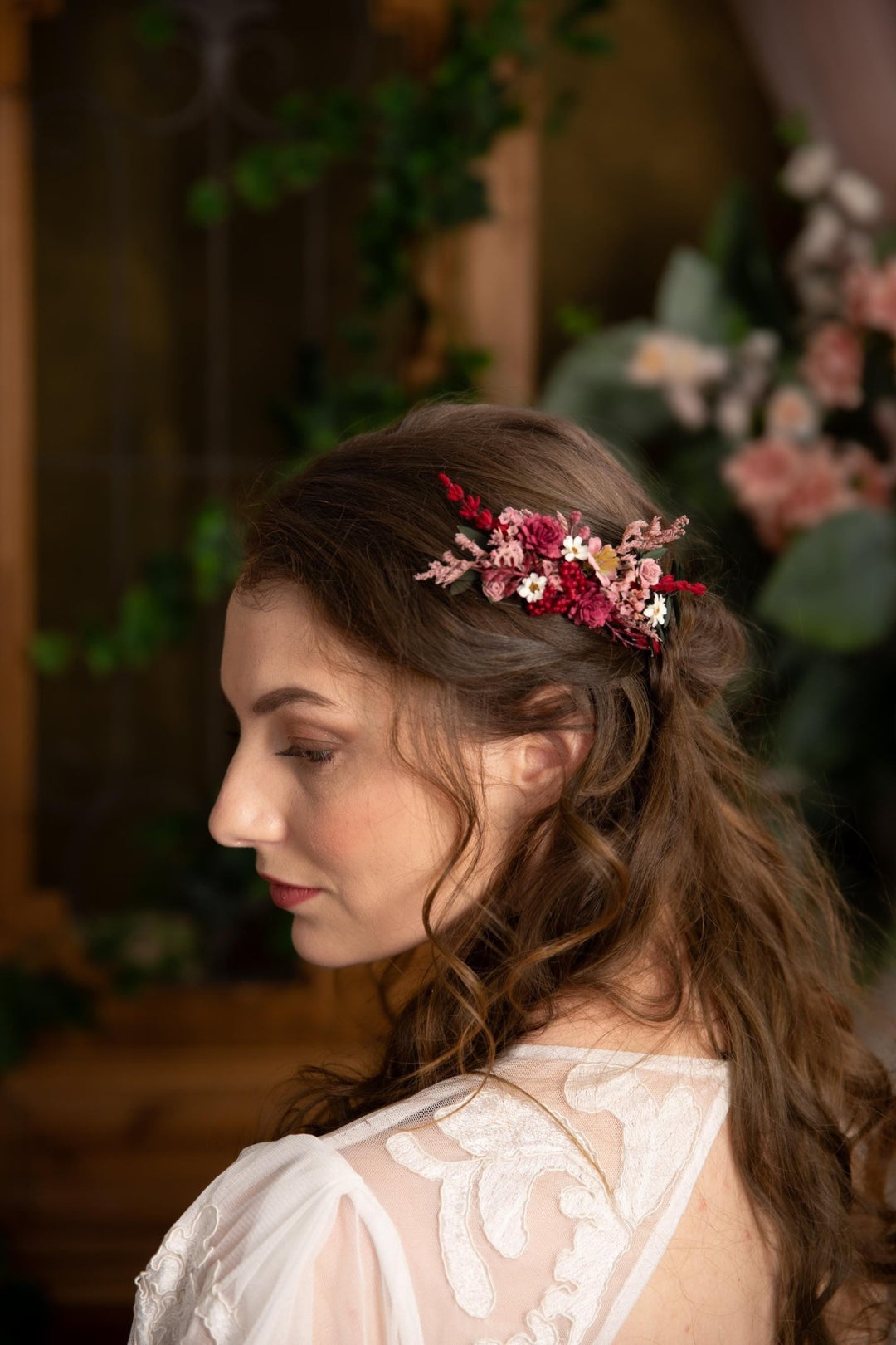 Burgundy Flower Hair Comb: Rustic Bridal Boho Wedding Accessory – handmade floral hair accessory by magaela