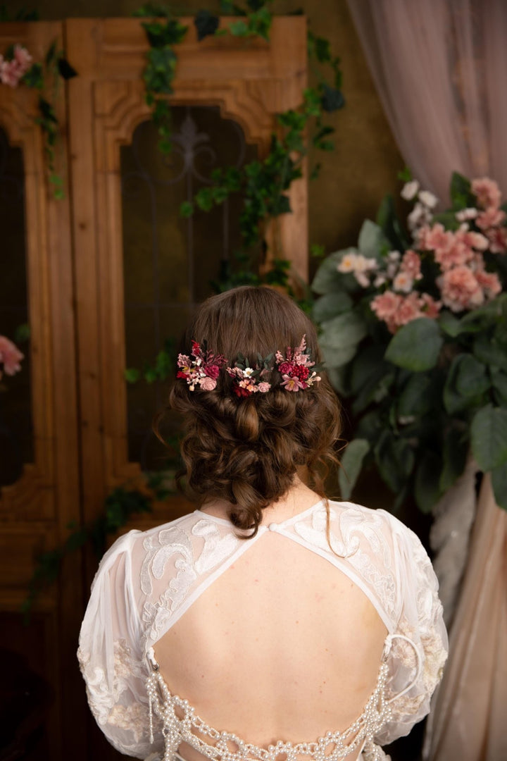 Rustic Flower Hairpins: Burgundy & Pink Bridal Bobby Pins – handmade floral hair accessory by magaela