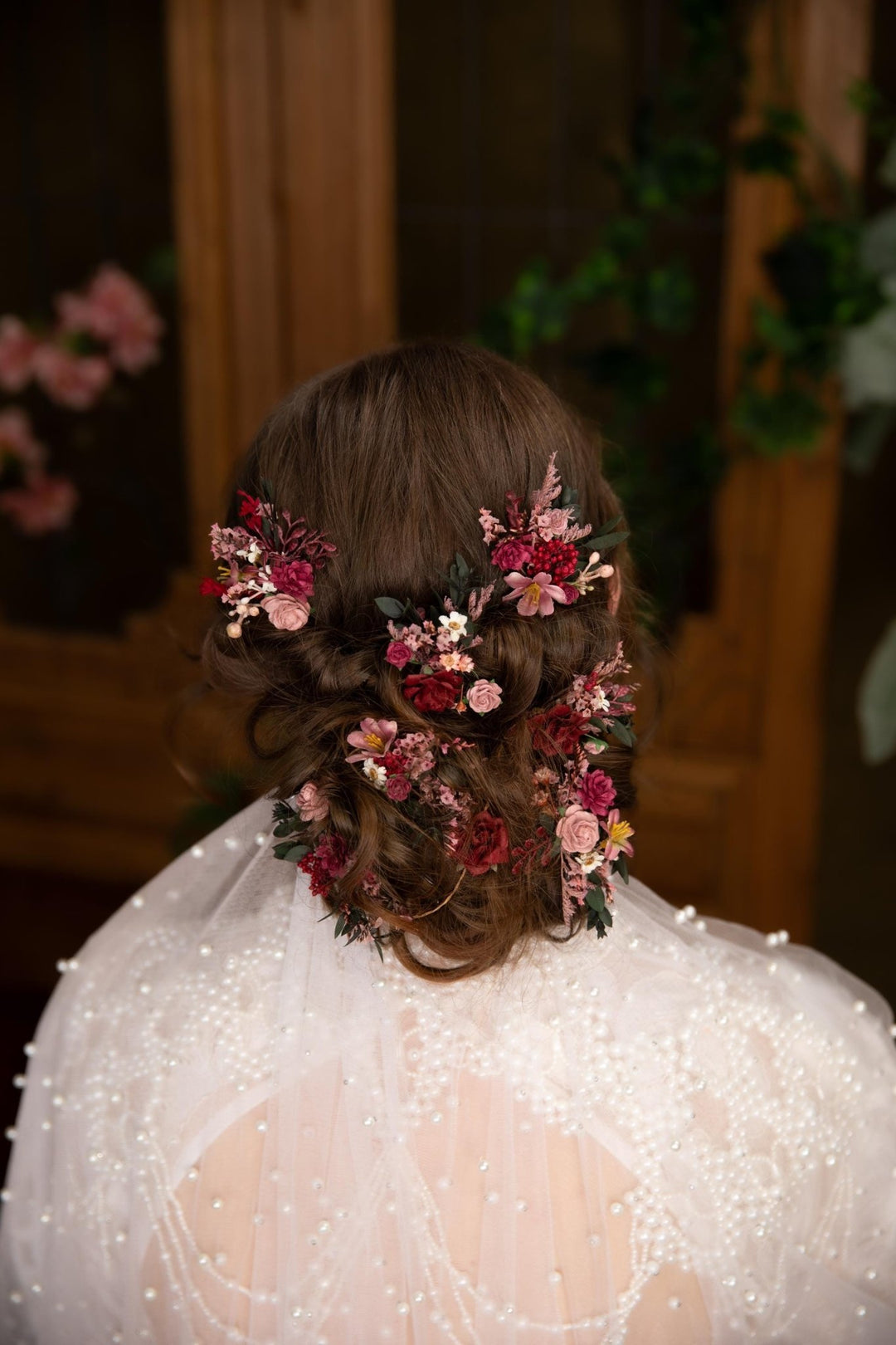Rustic Flower Hairpins: Burgundy & Pink Bridal Bobby Pins – handmade floral hair accessory by magaela