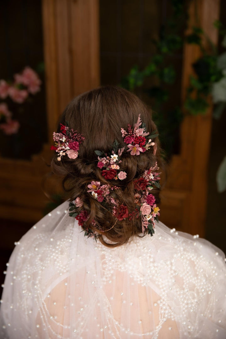 Rustic Flower Hairpins: Burgundy & Pink Bridal Bobby Pins – handmade floral hair accessory by magaela