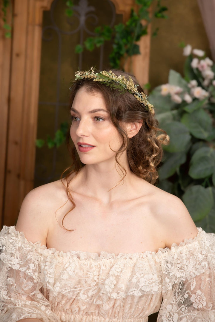Green Flower Half Crown: Preserved Lavender Wedding Headpiece – handmade floral hair accessory by magaela