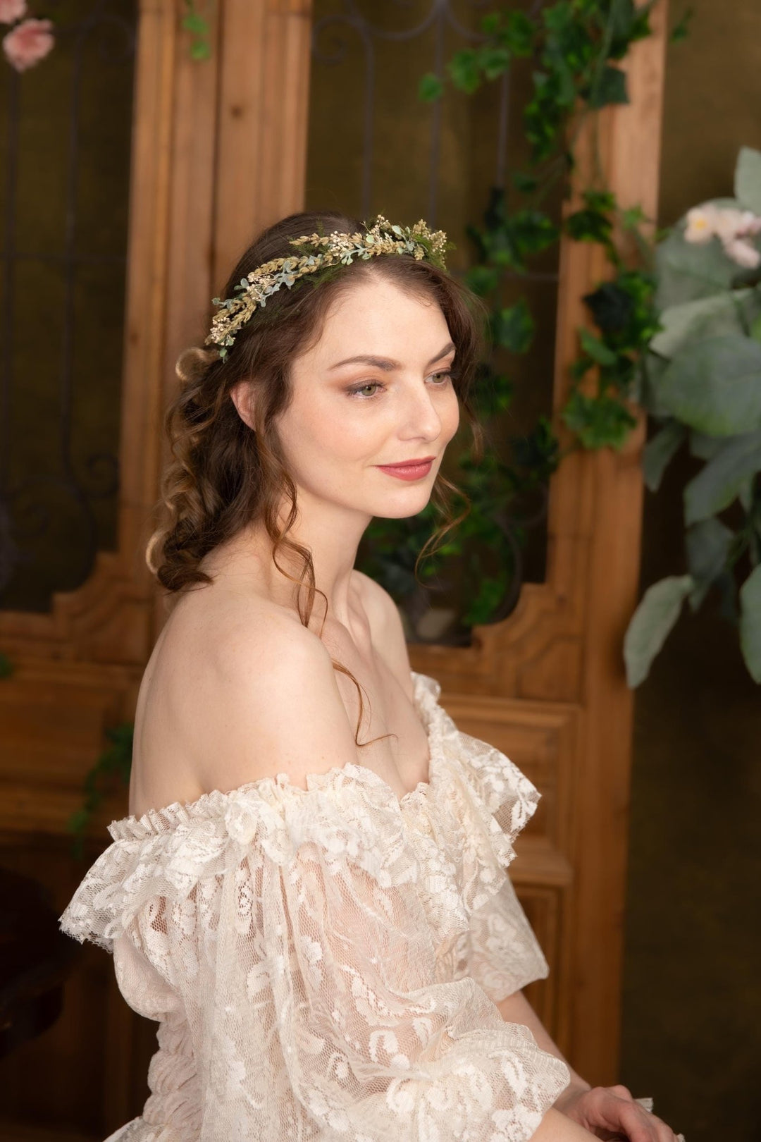 Green Flower Half Crown: Preserved Lavender Wedding Headpiece – handmade floral hair accessory by magaela