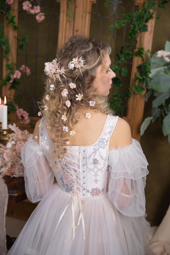 Boho Wedding Hair Vine: Blush Flower Veil, Cottagecore Bridal Hairstyle – handmade floral hair accessory by magaela