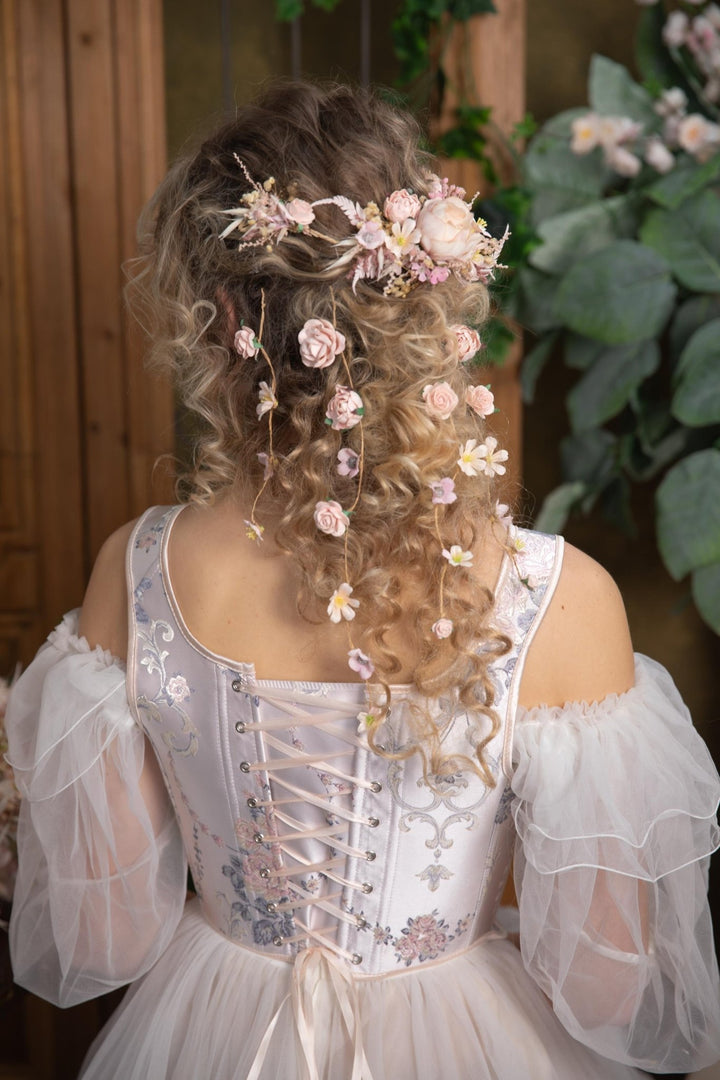 Boho Wedding Hair Vine: Blush Flower Veil, Cottagecore Bridal Hairstyle – handmade floral hair accessory by magaela