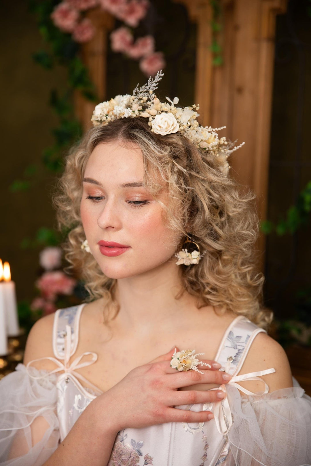 Cream Flower Ring: Rustic Floral Wedding Jewelry, Adjustable – handmade floral hair accessory by magaela