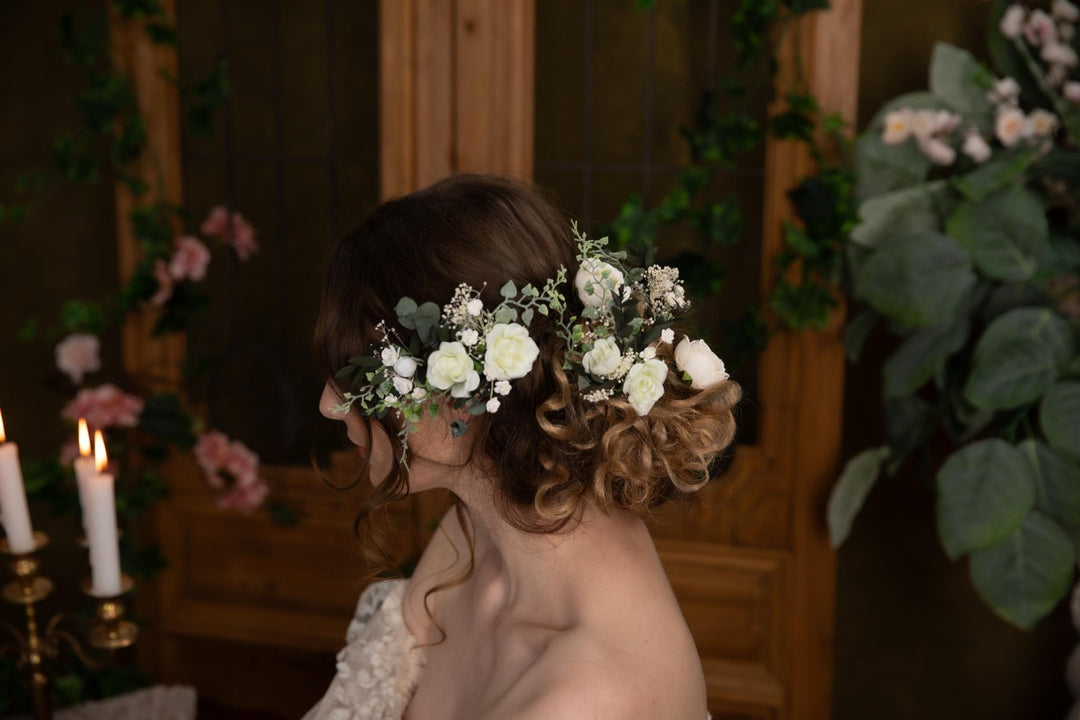 White Rose Hair Pins: Boho Bridal Hair Accessories – handmade floral hair accessory by magaela