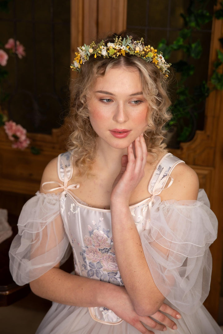 Rustic Flower Wedding Crown: Yellow Green Meadow Hair Wreath – handmade floral hair accessory by magaela