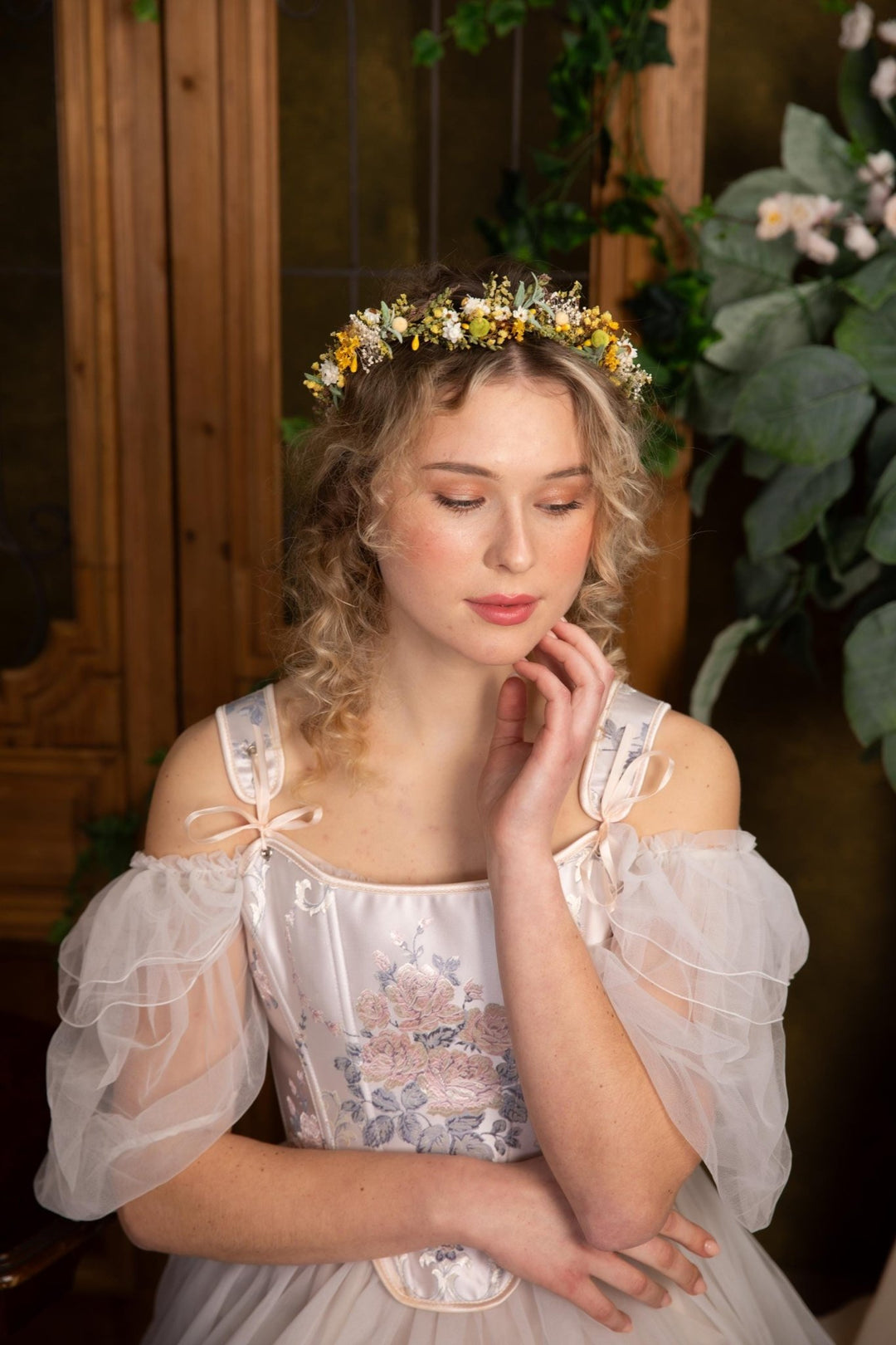 Rustic Flower Wedding Crown: Yellow Green Meadow Hair Wreath – handmade floral hair accessory by magaela