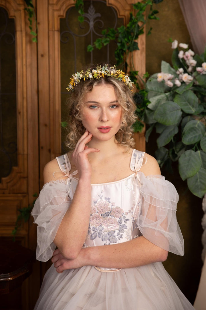 Rustic Flower Wedding Crown: Yellow Green Meadow Hair Wreath – handmade floral hair accessory by magaela