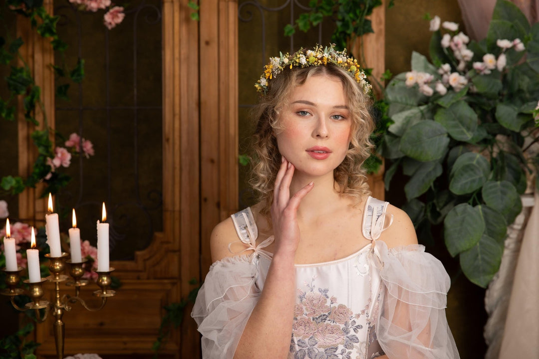 Rustic Flower Wedding Crown: Yellow Green Meadow Hair Wreath – handmade floral hair accessory by magaela