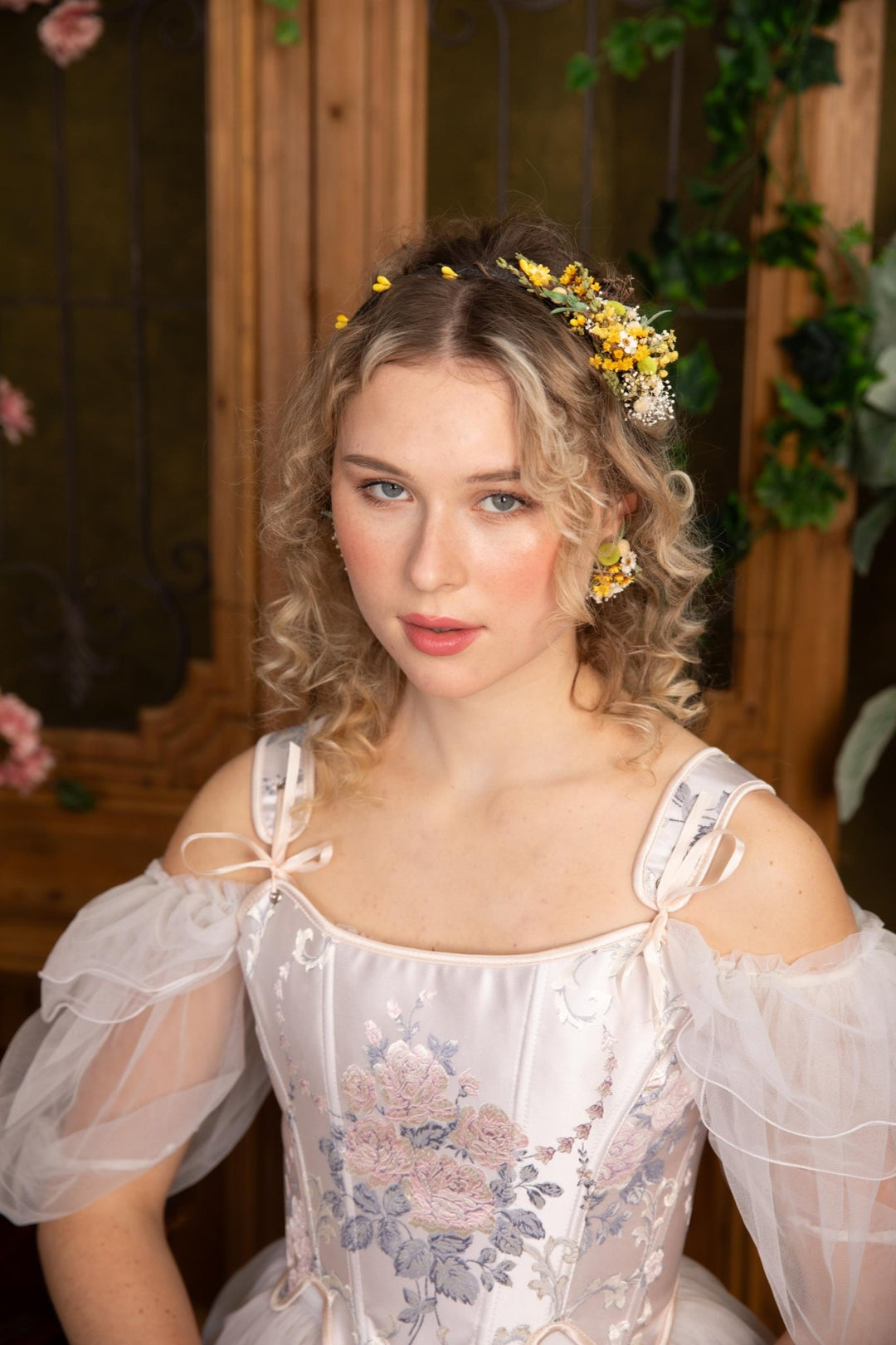 Rustic Floral Headband: Yellow & Green Wildflower Crown, Cottagecore Bride – handmade floral hair accessory by magaela