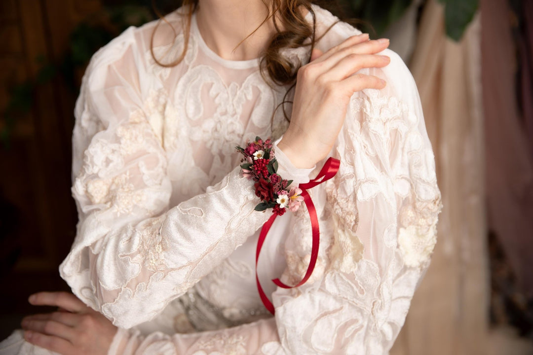 Burgundy Floral Wrist Corsage, Bridal Flower Bracelet – handmade floral hair accessory by magaela