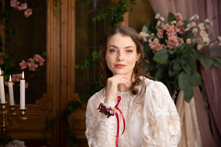 Burgundy Floral Wrist Corsage, Bridal Flower Bracelet – handmade floral hair accessory by magaela