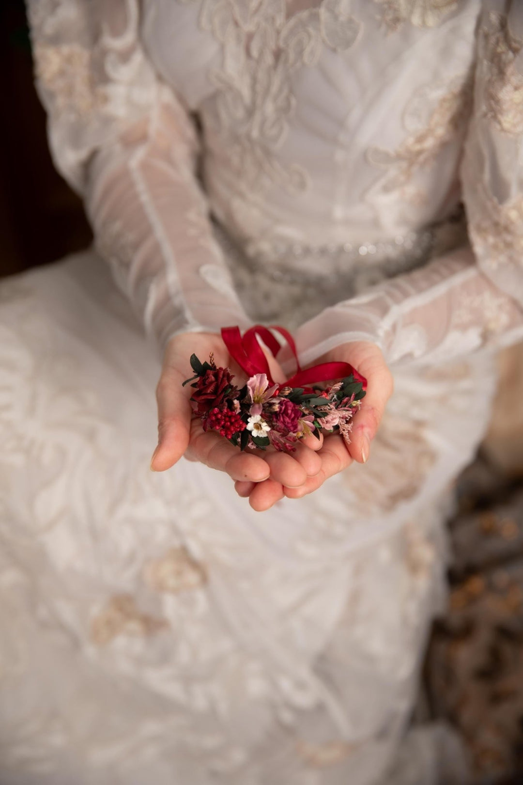 Burgundy Floral Wrist Corsage, Bridal Flower Bracelet – handmade floral hair accessory by magaela
