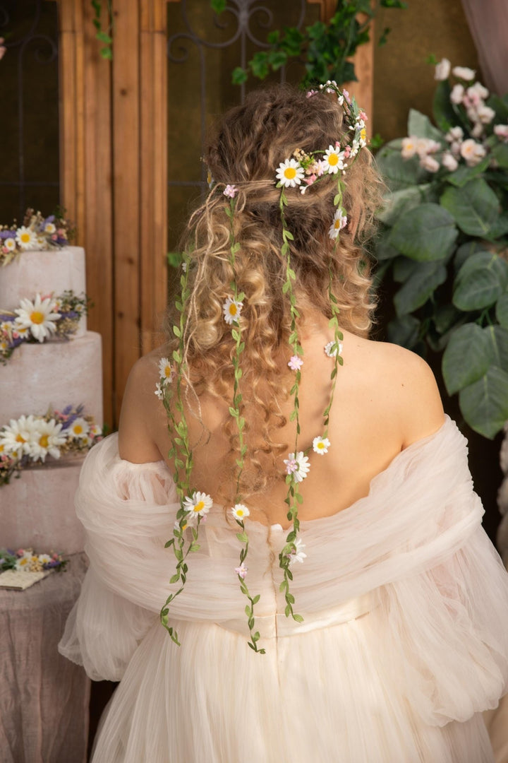 Pearlescent Flower Hair Wreath with Veil: Bridal Fairy Crown – handmade floral hair accessory by magaela