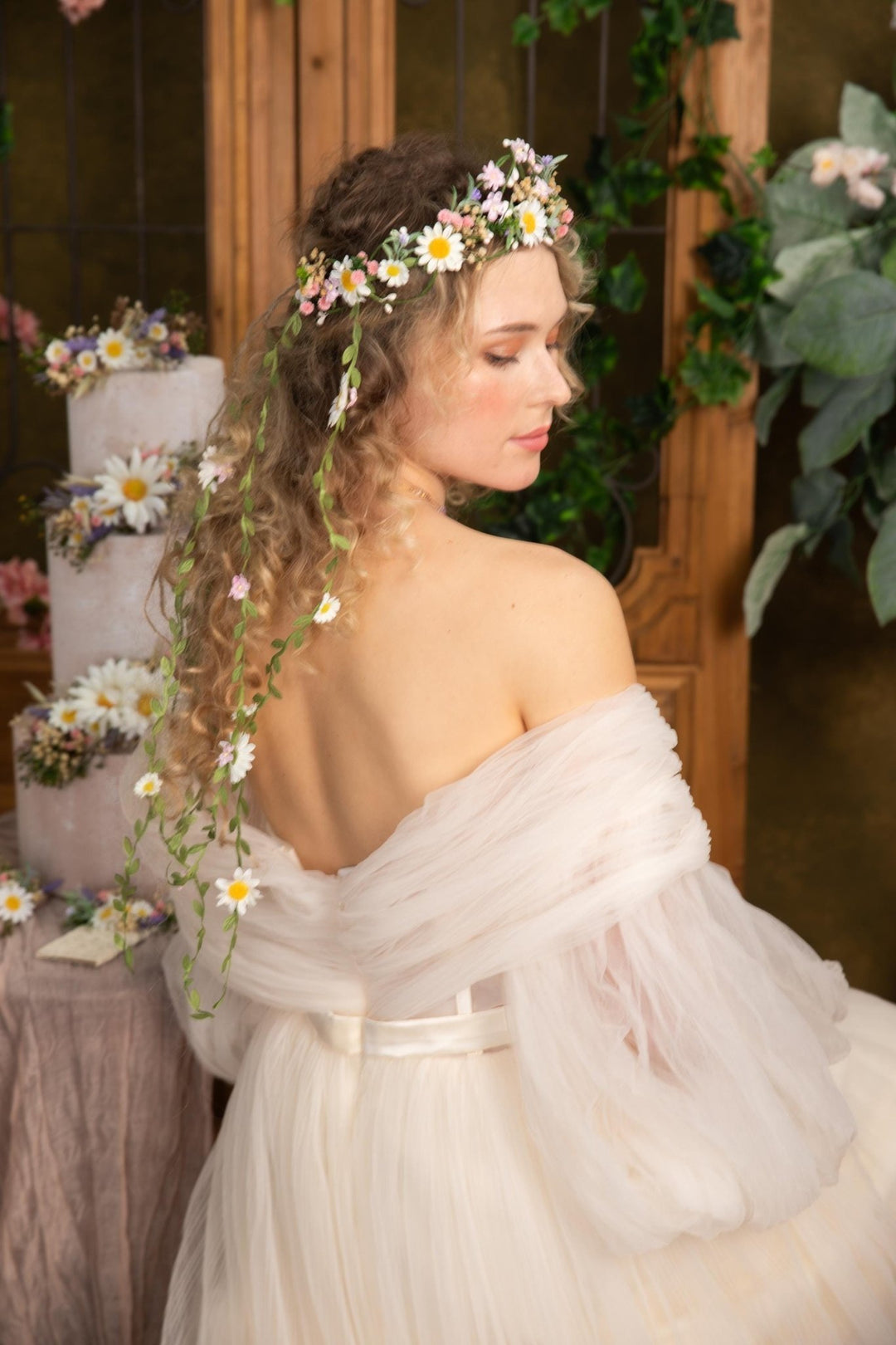 Pearlescent Flower Hair Wreath with Veil: Bridal Fairy Crown – handmade floral hair accessory by magaela