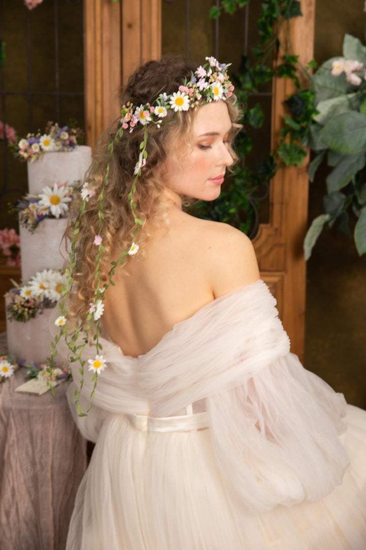 Pearlescent Flower Hair Wreath with Veil: Bridal Fairy Crown – handmade floral hair accessory by magaela