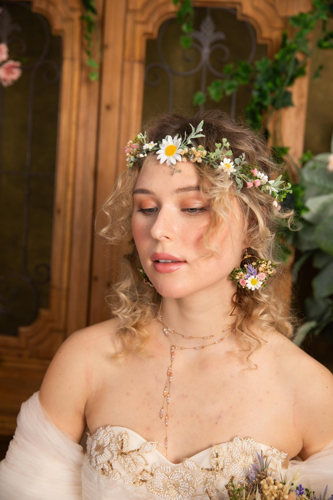 Meadow Flower Circle Earrings: Bridal Wedding Jewelry – handmade floral hair accessory by magaela