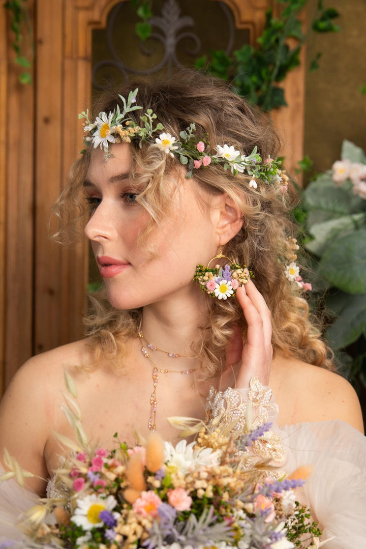 Meadow Flower Circle Earrings: Bridal Wedding Jewelry – handmade floral hair accessory by magaela