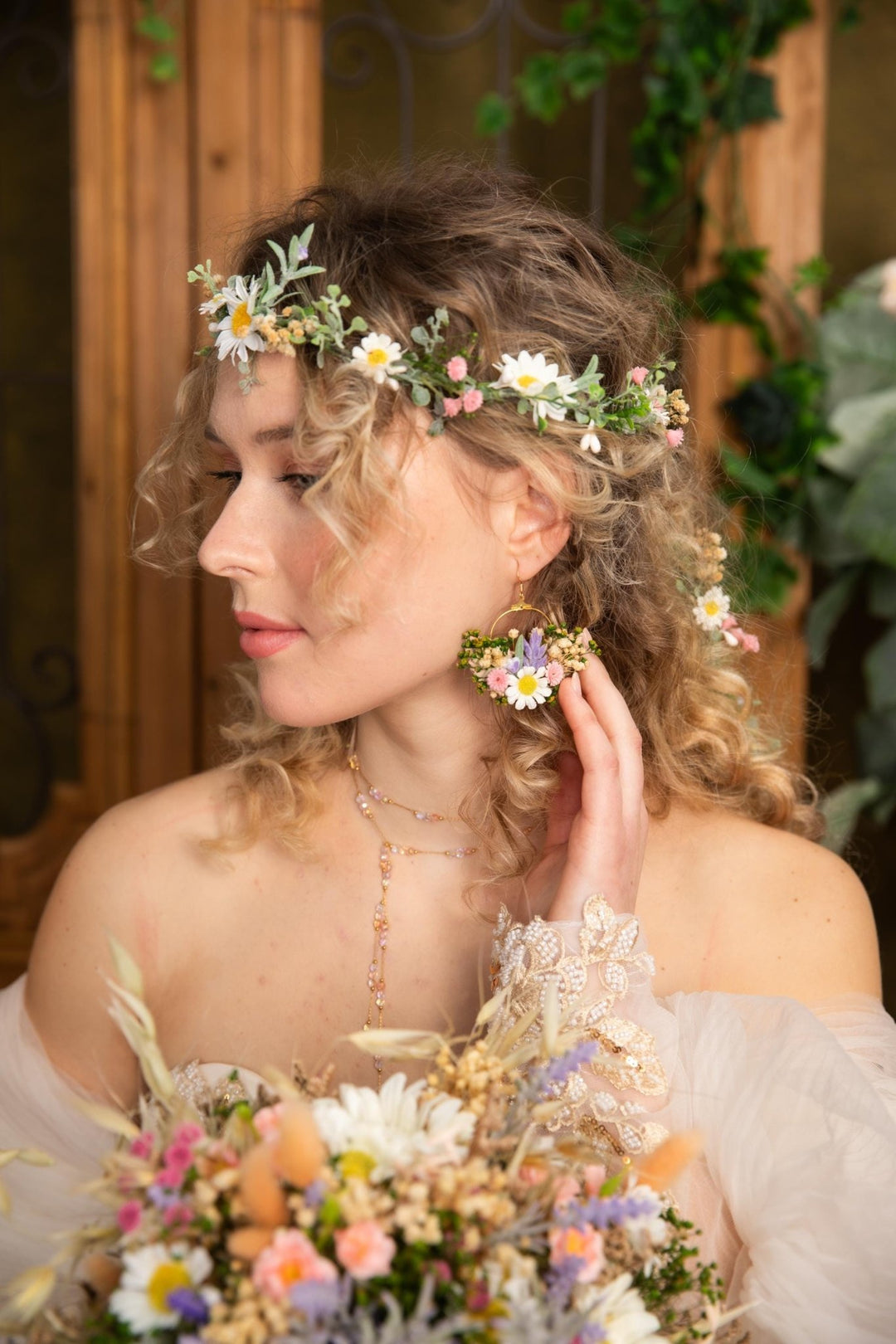 Meadow Flower Circle Earrings: Bridal Wedding Jewelry – handmade floral hair accessory by magaela