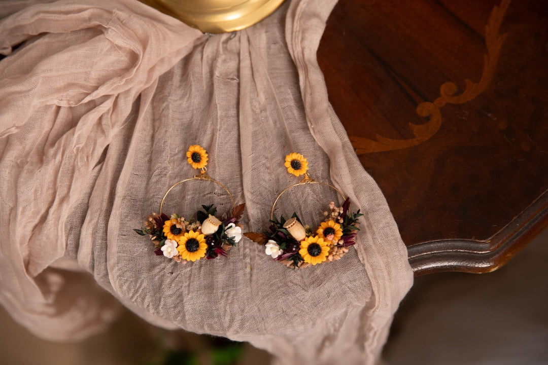 Sunflower Circle Earrings: Preserved Flower Wedding Jewelry – handmade floral hair accessory by magaela