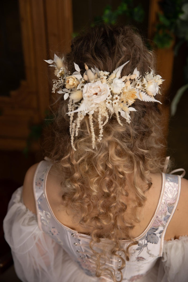 Rustic Bridal Flower Hair Vine: Beige Wedding Headpiece – handmade floral hair accessory by magaela