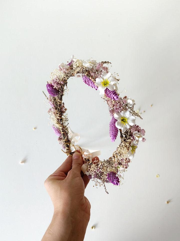 Rustic Purple Flower Wedding Crown: Boho Bridal Headpiece – handmade floral hair accessory by magaela