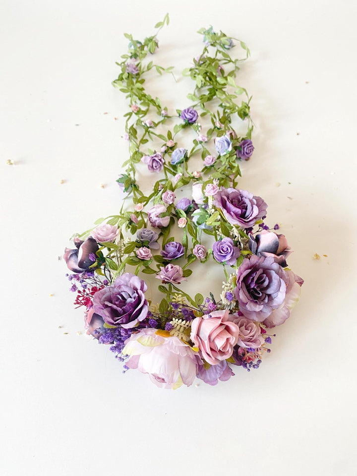 Purple Flower Headband with Veil: Boho Bridal Headpiece – handmade floral hair accessory by magaela