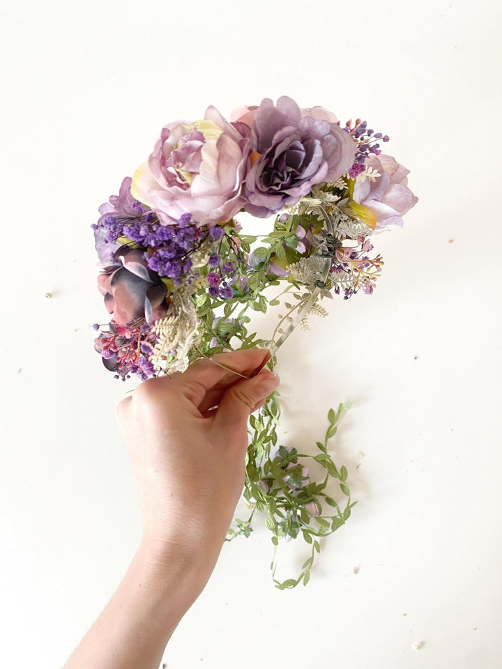 Purple Flower Headband with Veil: Boho Bridal Headpiece – handmade floral hair accessory by magaela