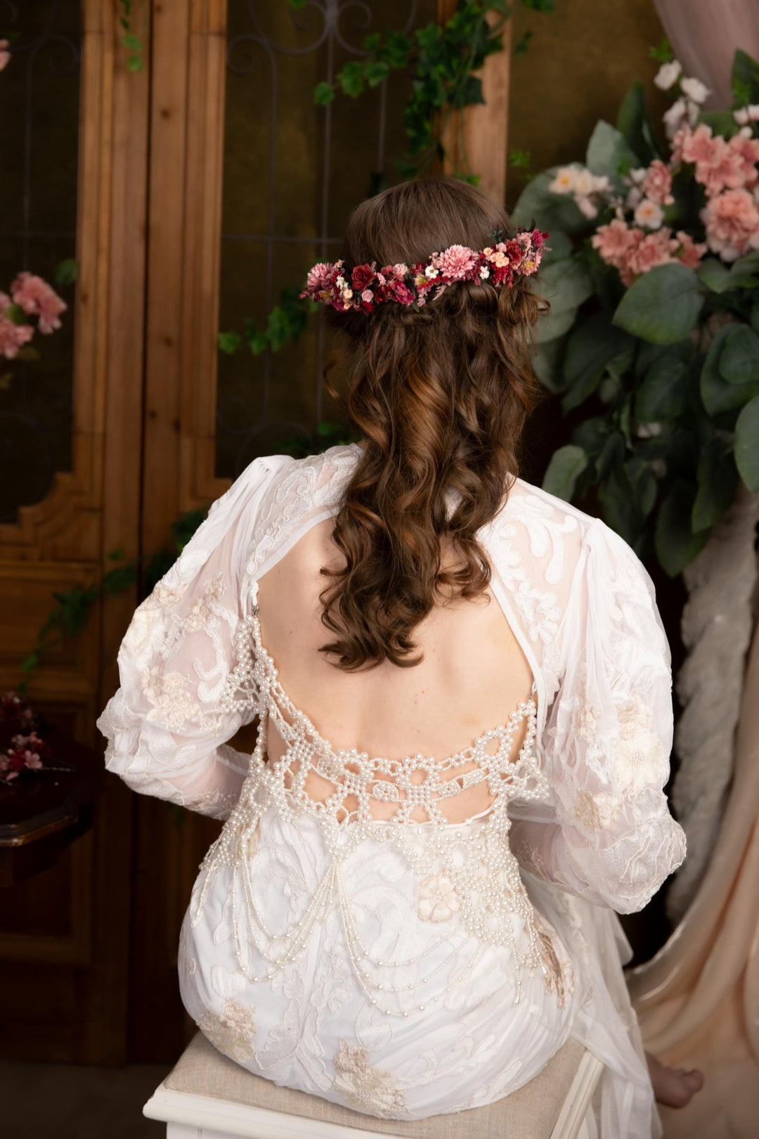 Burgundy Pink Flower Half Wreath: Boho Wedding Crown – handmade floral hair accessory by magaela