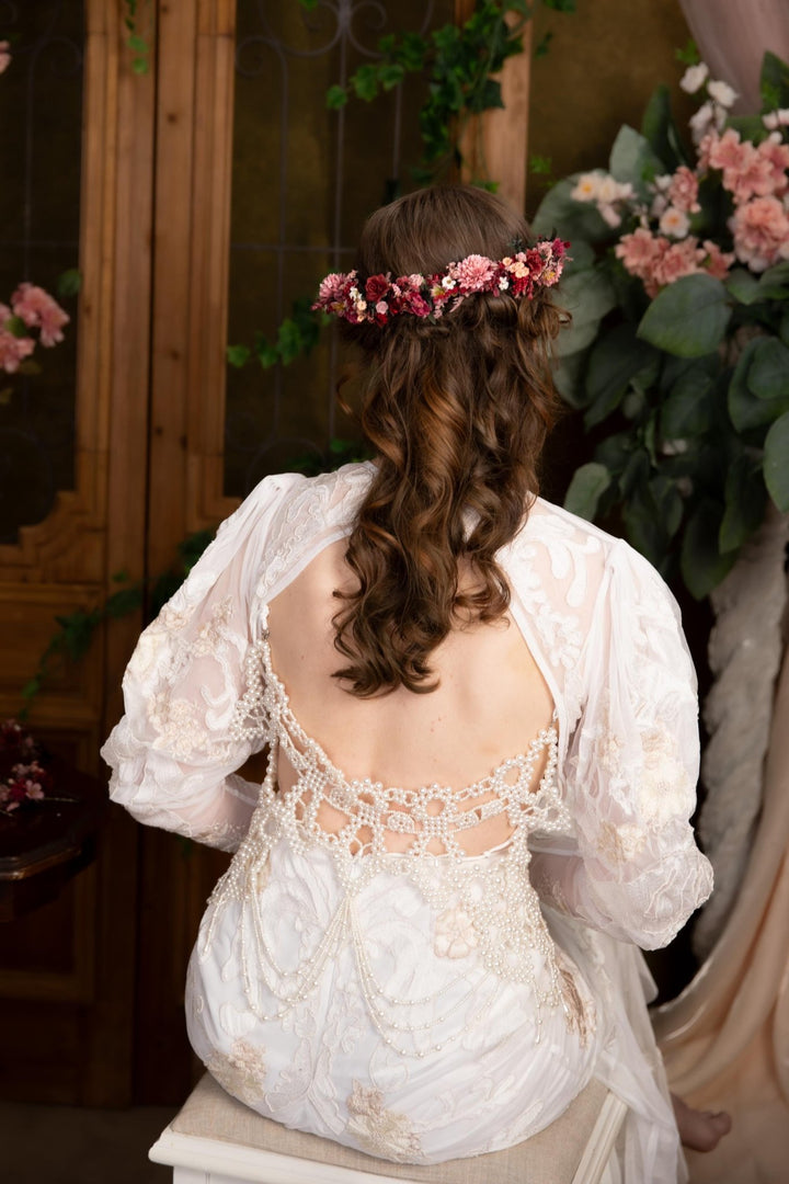 Burgundy Pink Flower Half Wreath: Boho Wedding Crown – handmade floral hair accessory by magaela