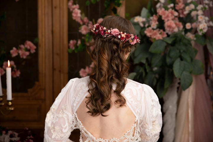 Burgundy Pink Flower Half Wreath: Boho Wedding Crown – handmade floral hair accessory by magaela